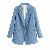 Za 2021 kobiet marynarkę tweedowy blezer kobiet kurtka Femme Plaszcz Wiosenny Damski Sobrecamisa Cuadros Plaid kratkę marynarka 6
